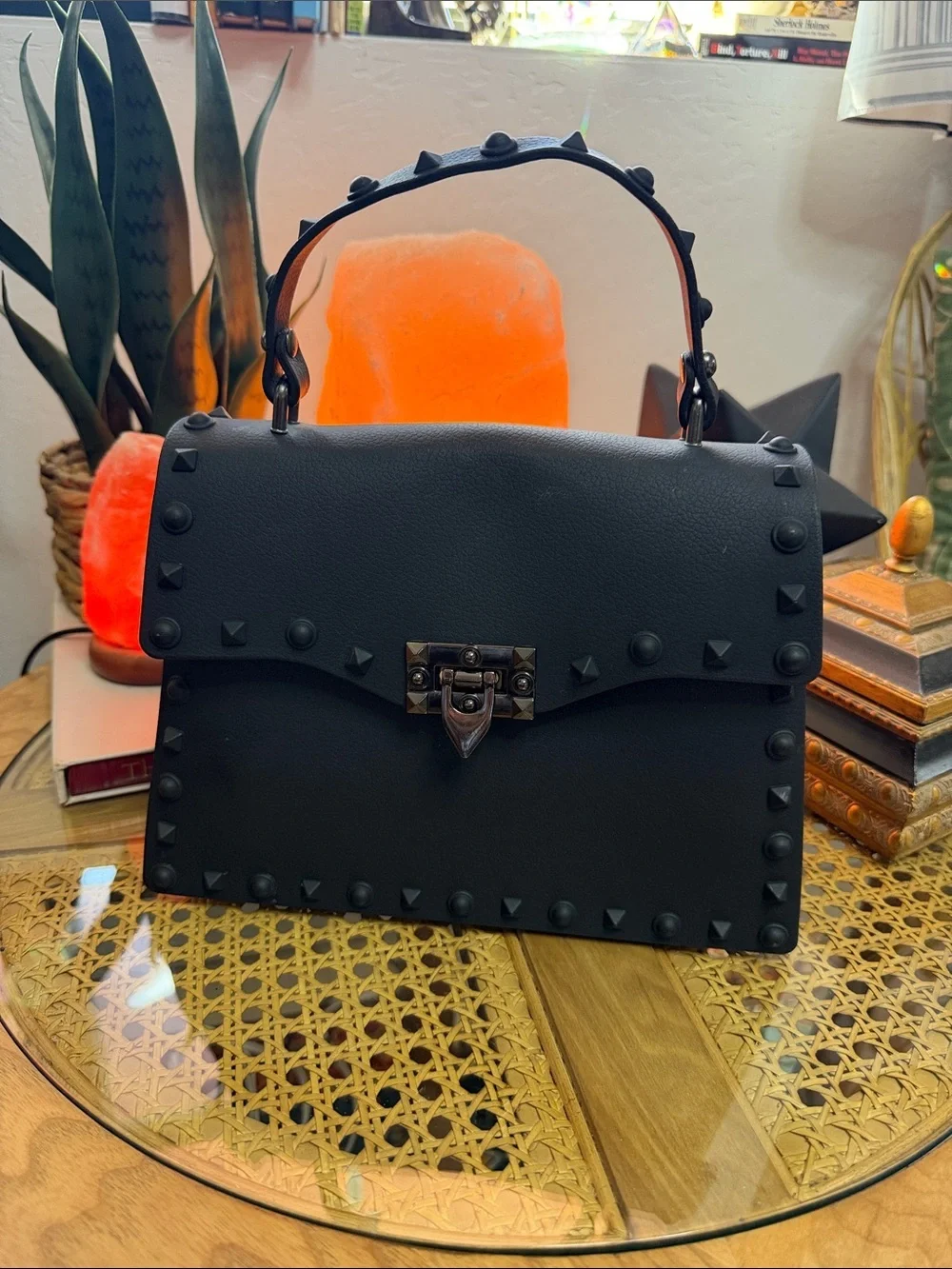 Black Studded Rubber Satchel Goth Punk Rockstud Top Handle Bag